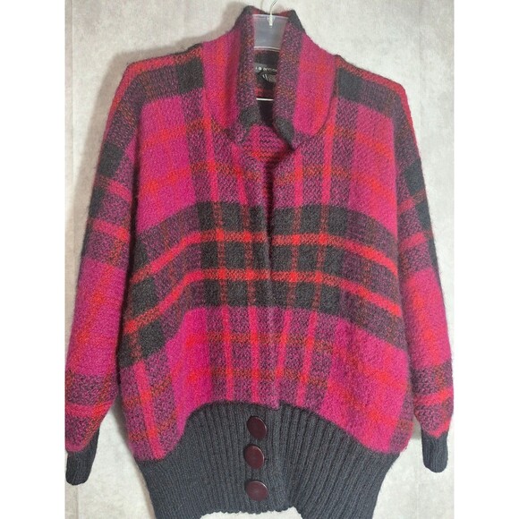 Vtg 80s I.B. Diffusion Mohair Wool Thick Furry Plaid Bright Cardigan Womens Sz L - Picture 9 of 15